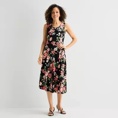 Robbie Bee Womens Petite Sleeveless Floral Midi Fit + Flare Dress
