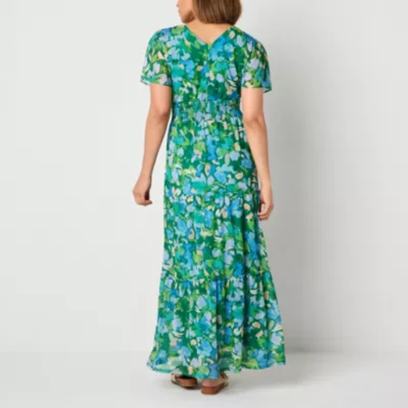 Rabbit Design Womens Straight Neck Short Sleeve Flutter Maxi Dress