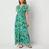 Rabbit Design Womens Straight Neck Short Sleeve Flutter Maxi Dress