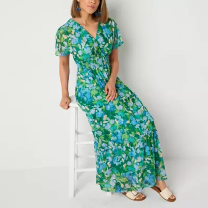Rabbit Design Womens Straight Neck Short Sleeve Flutter Maxi Dress