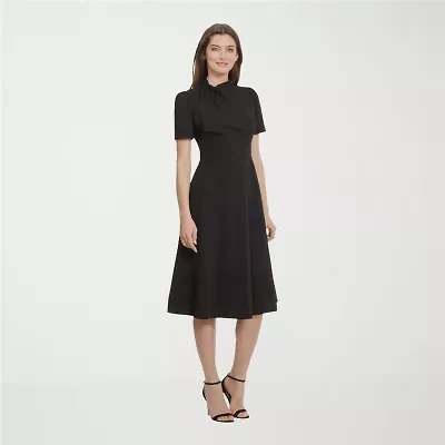 Ivy & Blue Womens Midi Split Tie Neck Short Sleeve Cap Fit + Flare Dress