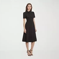 Ivy & Blue Womens Midi Split Tie Neck Short Sleeve Cap Fit + Flare Dress