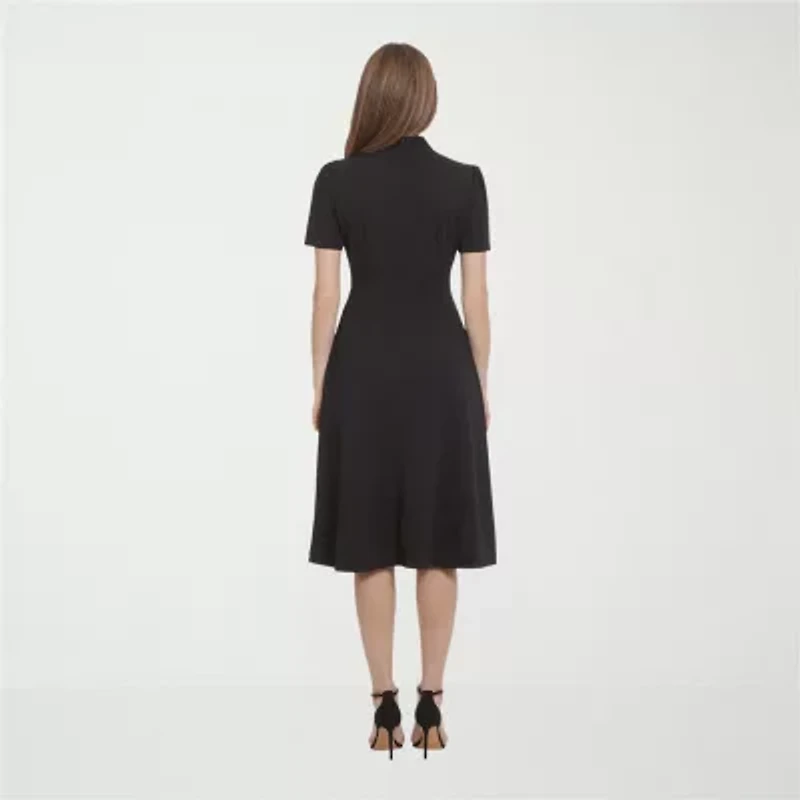 Ivy & Blue Womens Midi Split Tie Neck Short Sleeve Cap Fit + Flare Dress