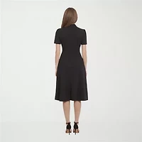 Ivy & Blue Womens Midi Split Tie Neck Short Sleeve Cap Fit + Flare Dress
