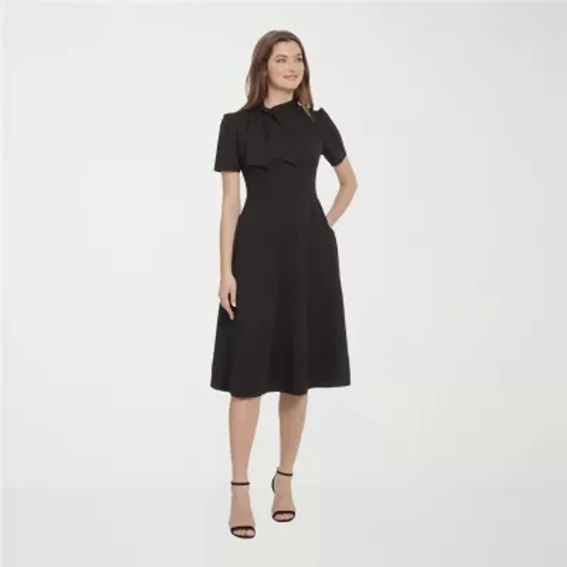 Ivy & Blue Womens Midi Split Tie Neck Short Sleeve Cap Fit + Flare Dress
