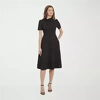 Ivy & Blue Womens Midi Split Tie Neck Short Sleeve Cap Fit + Flare Dress