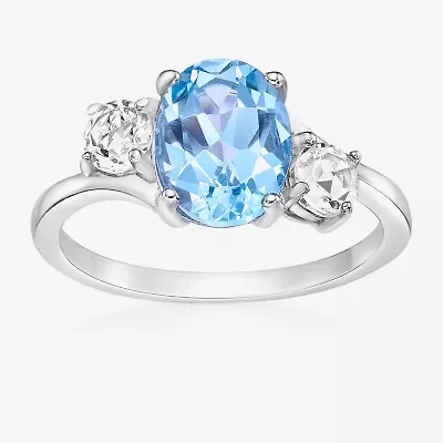 Womens Genuine Semi Precious Stone Sterling Silver Oval 3-Stone Cocktail Ring