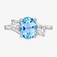 Womens Genuine Semi Precious Stone Sterling Silver Oval 3-Stone Cocktail Ring