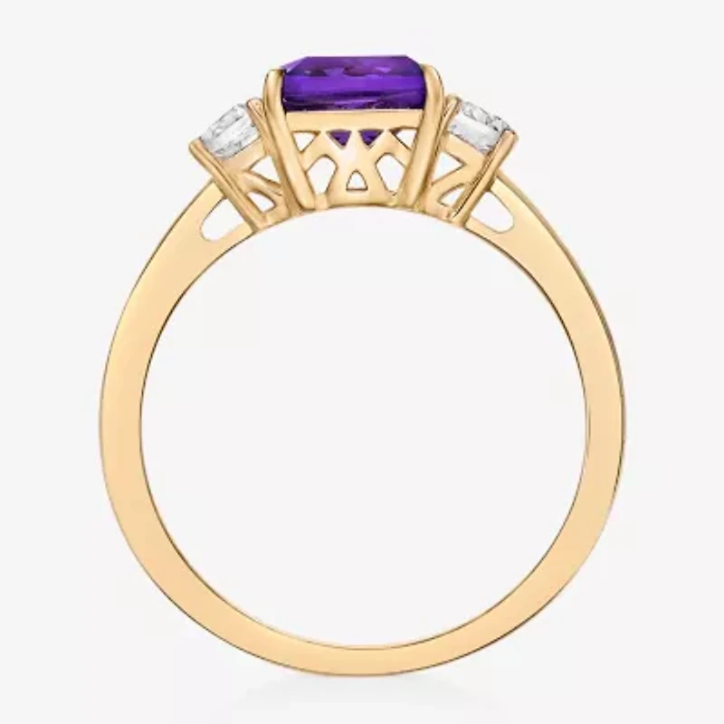 Womens Genuine Purple Amethyst 18K Gold Over Silver Cushion 3-Stone Cocktail Ring