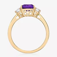 Womens Genuine Purple Amethyst 18K Gold Over Silver Cushion 3-Stone Cocktail Ring