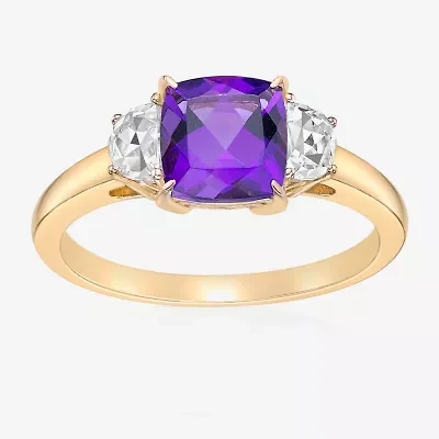Womens Genuine Purple Amethyst 18K Gold Over Silver Cushion 3-Stone Cocktail Ring