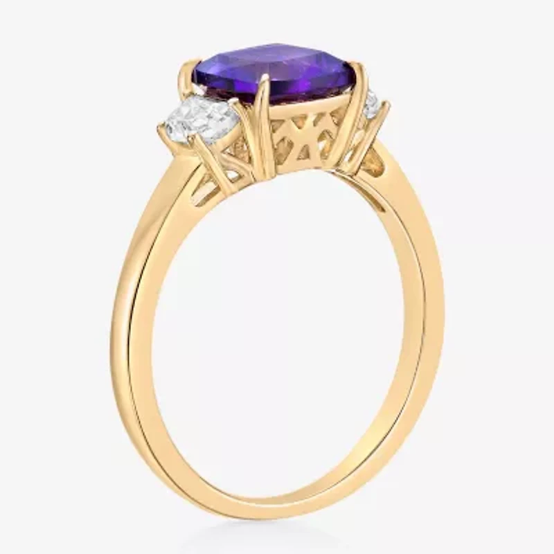 Womens Genuine Purple Amethyst 18K Gold Over Silver Cushion 3-Stone Cocktail Ring