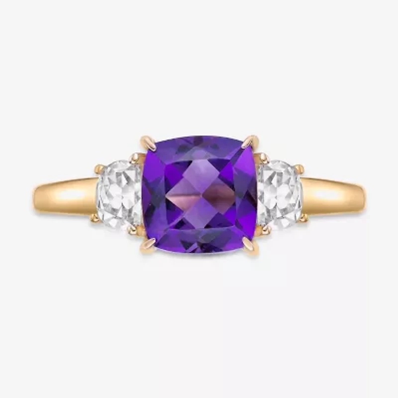 Womens Genuine Purple Amethyst 18K Gold Over Silver Cushion 3-Stone Cocktail Ring