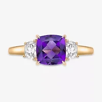 Womens Genuine Purple Amethyst 18K Gold Over Silver Cushion 3-Stone Cocktail Ring