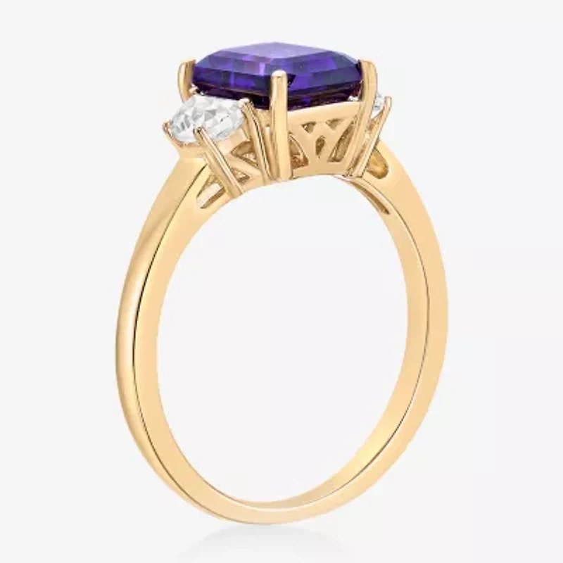 Womens Genuine Purple Amethyst 18K Gold Over Silver 3-Stone Cocktail Ring