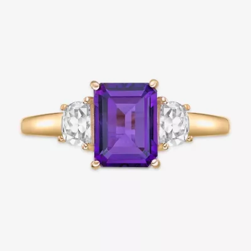 Womens Genuine Purple Amethyst 18K Gold Over Silver 3-Stone Cocktail Ring