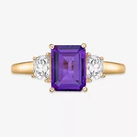 Womens Genuine Purple Amethyst 18K Gold Over Silver 3-Stone Cocktail Ring