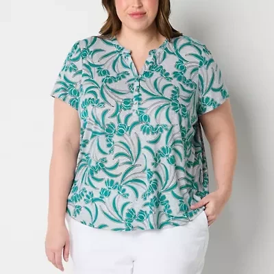 Liz Claiborne Womens Plus Split Crew Neck Short Sleeve Blouse