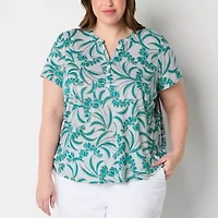Liz Claiborne Womens Plus Split Crew Neck Short Sleeve Blouse