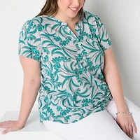 Liz Claiborne Womens Plus Split Crew Neck Short Sleeve Blouse