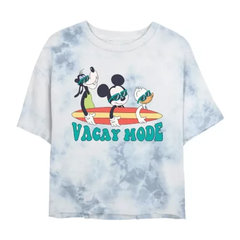 Vacay Mode Womens Juniors Crew Neck Short Sleeve Regular Fit Mickey and Friends Graphic T-Shirt