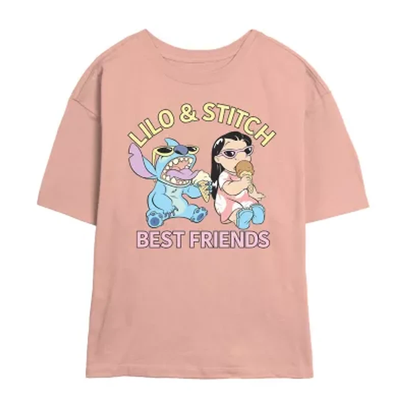 Womens Juniors Crew Neck Short Sleeve Regular Fit Lilo & Stitch Graphic T-Shirt