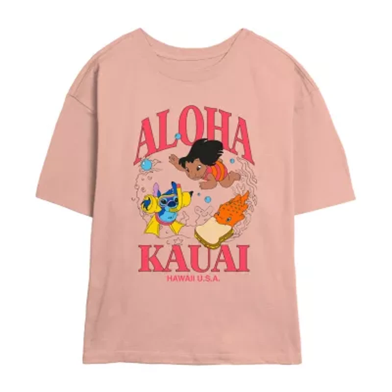 Disney Aloha Kauai Tee Womens Crew Neck Short Sleeve Regular Fit Lilo & Stitch Juniors Graphic T-Shirt