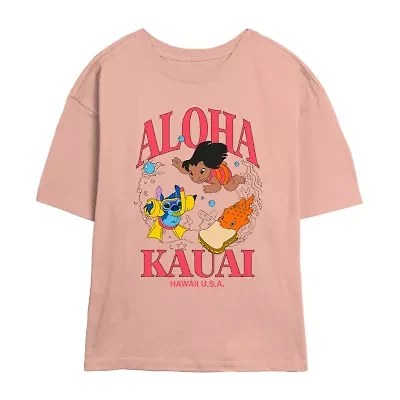Juniors Disney Aloha Kauai Tee Womens Crew Neck Short Sleeve Lilo & Stitch Graphic T-Shirt
