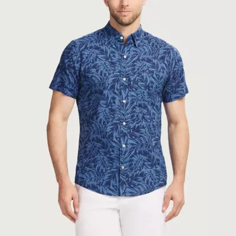 IZOD Chambray Mens Short Sleeve Regular Fit Stretch Fabric Button-Down Shirt
