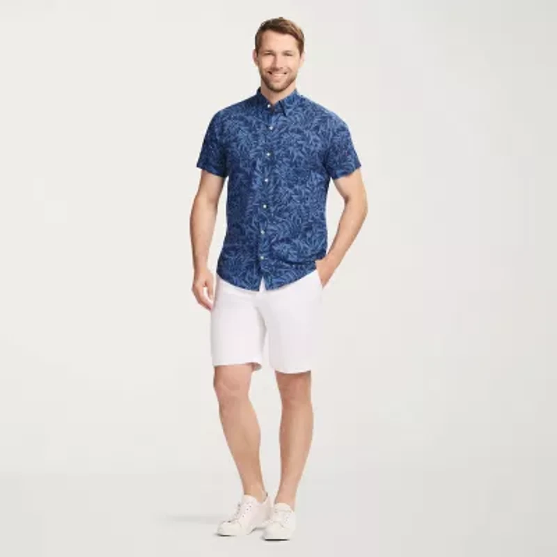 IZOD Chambray Mens Short Sleeve Regular Fit Stretch Fabric Button-Down Shirt
