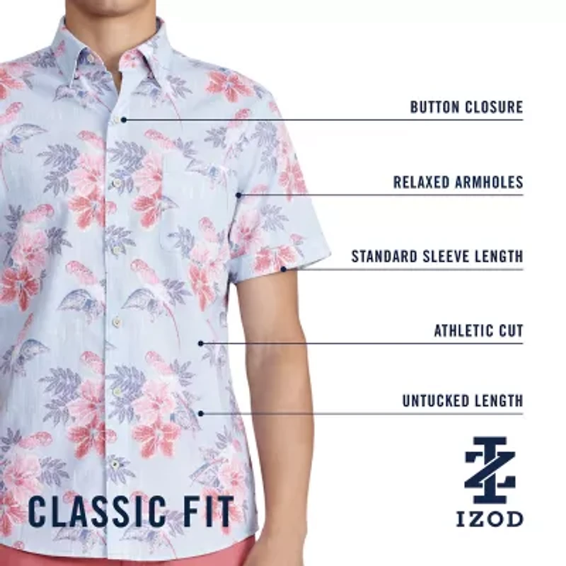IZOD Chambray Mens Short Sleeve Regular Fit Stretch Fabric Button-Down Shirt
