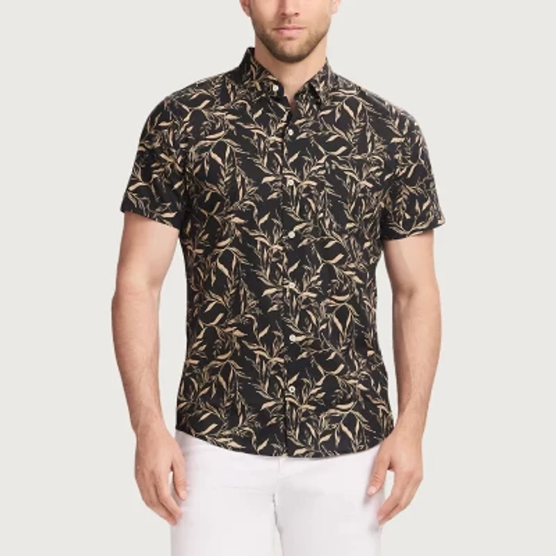 IZOD Chambray Mens Short Sleeve Regular Fit Stretch Fabric Button-Down Shirt