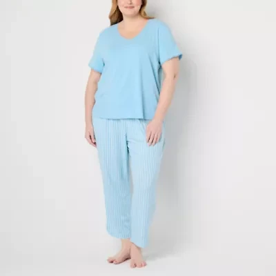 Liz Claiborne Womens V-Neck Short Sleeve 2-pc. Plus Pajama Sets