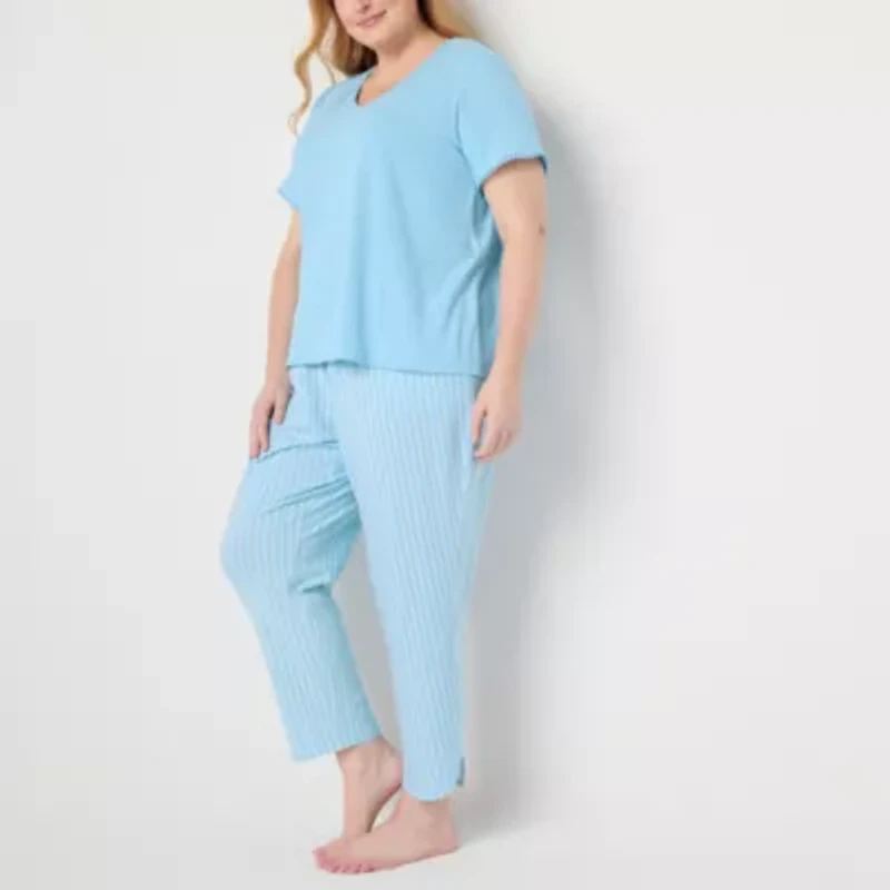 Liz Claiborne Womens V-Neck Short Sleeve 2-pc. Plus Pajama Sets