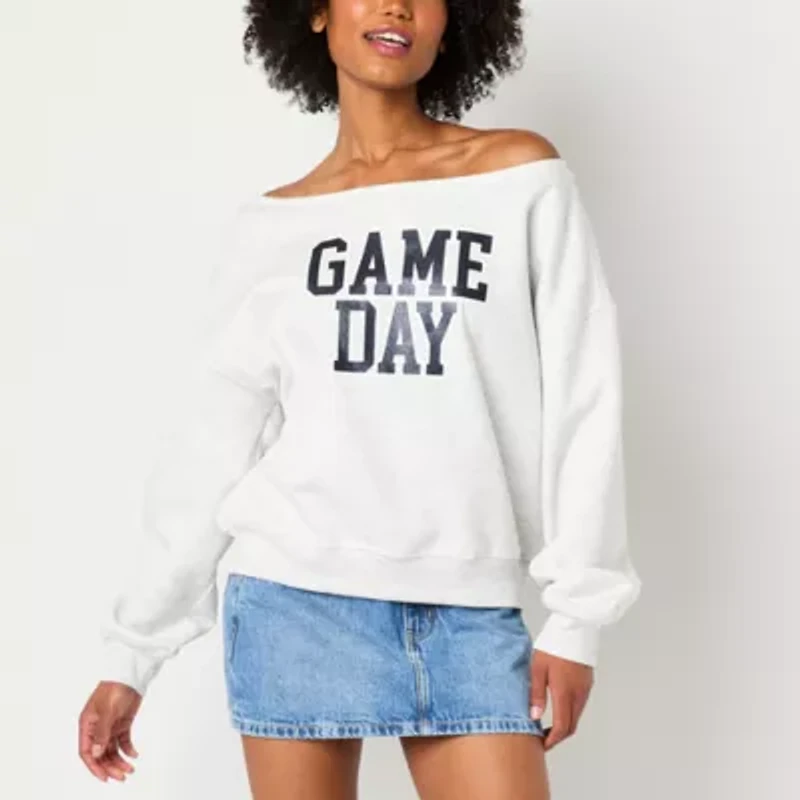 Off Shoulder Gameday Fleece Royal Ink Womens Straight Neck Long Sleeve Juniors Sweatshirt