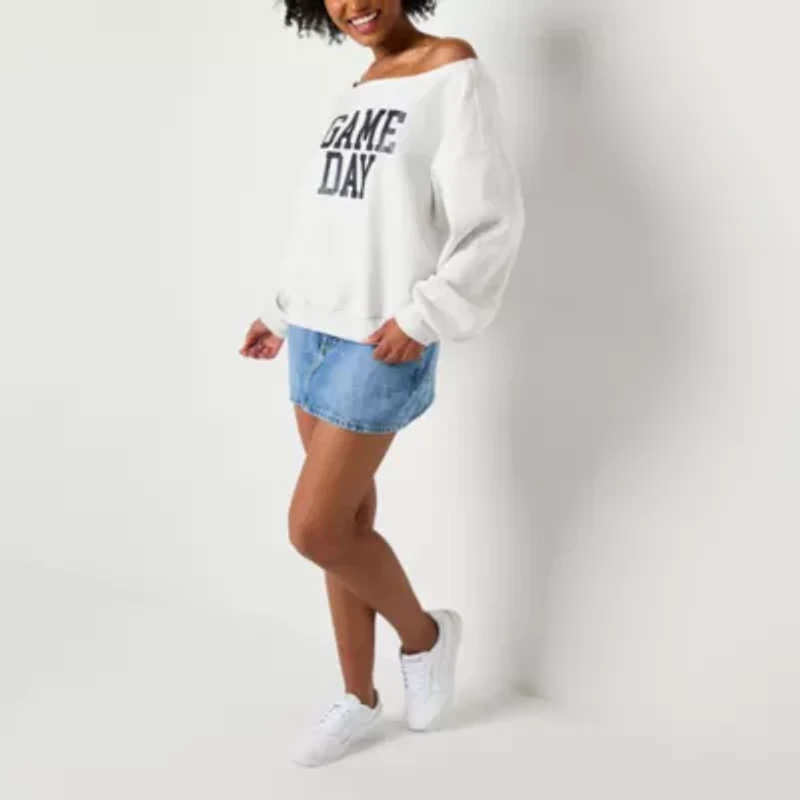 Off Shoulder Gameday Fleece Royal Ink Womens Straight Neck Long Sleeve Juniors Sweatshirt