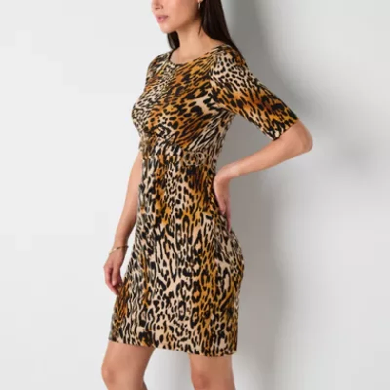 Jessica Howard Womens Elbow Sleeve Animal Sheath Dress