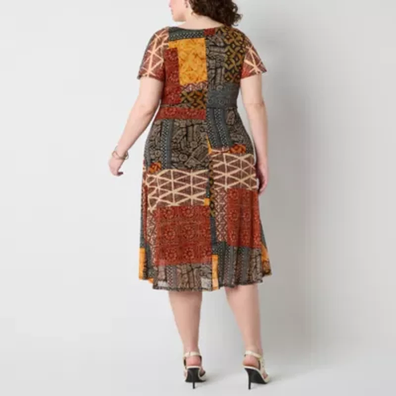 Robbie Bee Womens Short Sleeve Patchwork Midi Plus Fit + Flare Dress
