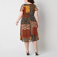 Robbie Bee Womens Short Sleeve Patchwork Midi Plus Fit + Flare Dress