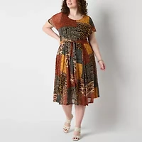 Robbie Bee Womens Short Sleeve Patchwork Midi Plus Fit + Flare Dress