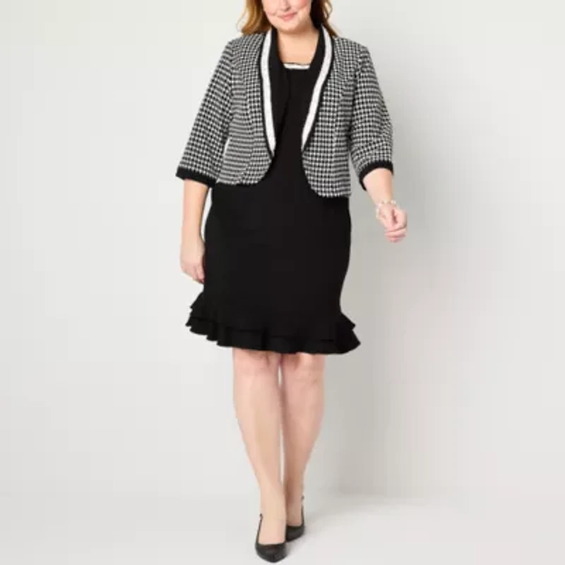 Maya Brooke Womens Pearl Trim Plaid Jacket Dress Plus