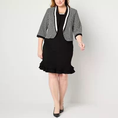 Maya Brooke Womens Pearl Trim Plaid Jacket Dress Plus