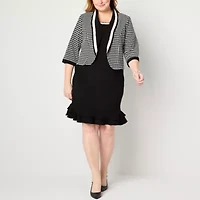 Maya Brooke Womens Pearl Trim Plaid Jacket Dress Plus