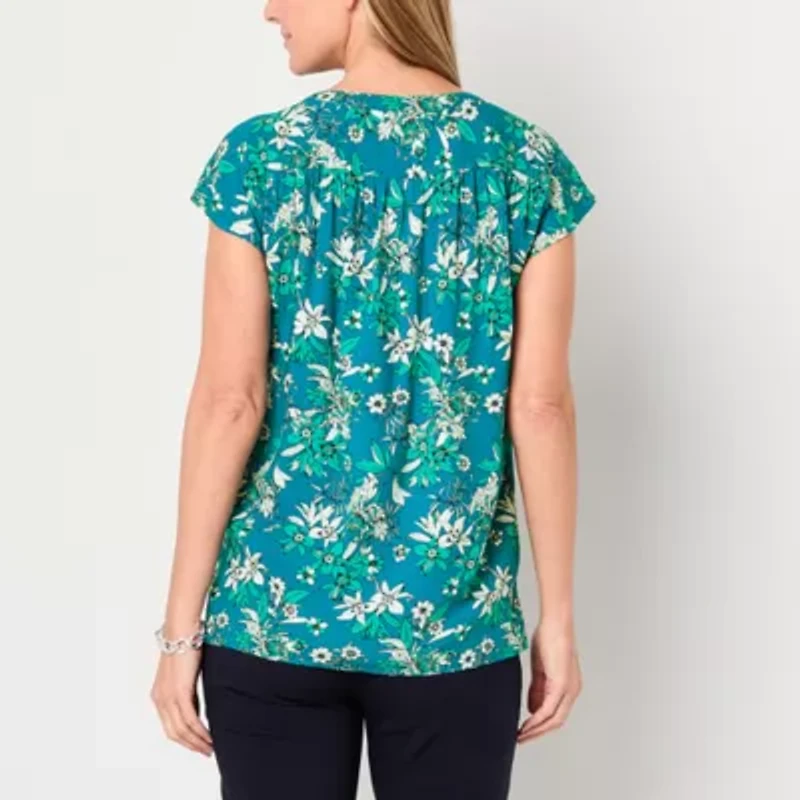 Liz Claiborne Womens Split Crew Neck Short Sleeve Tunic Top