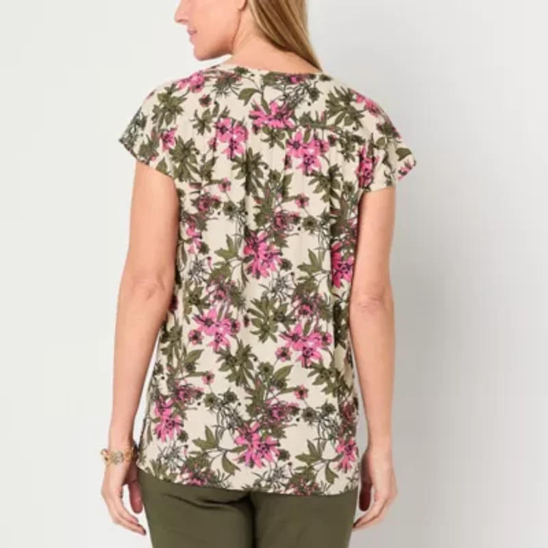Liz Claiborne Womens Split Crew Neck Short Sleeve Tunic Top