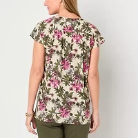 Liz Claiborne Womens Split Crew Neck Short Sleeve Tunic Top