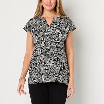 Liz Claiborne Womens Split Crew Neck Short Sleeve Tunic Top