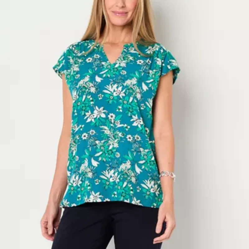 Liz Claiborne Womens Split Crew Neck Short Sleeve Tunic Top