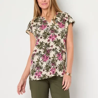 Liz Claiborne Womens Split Crew Neck Short Sleeve Tunic Top