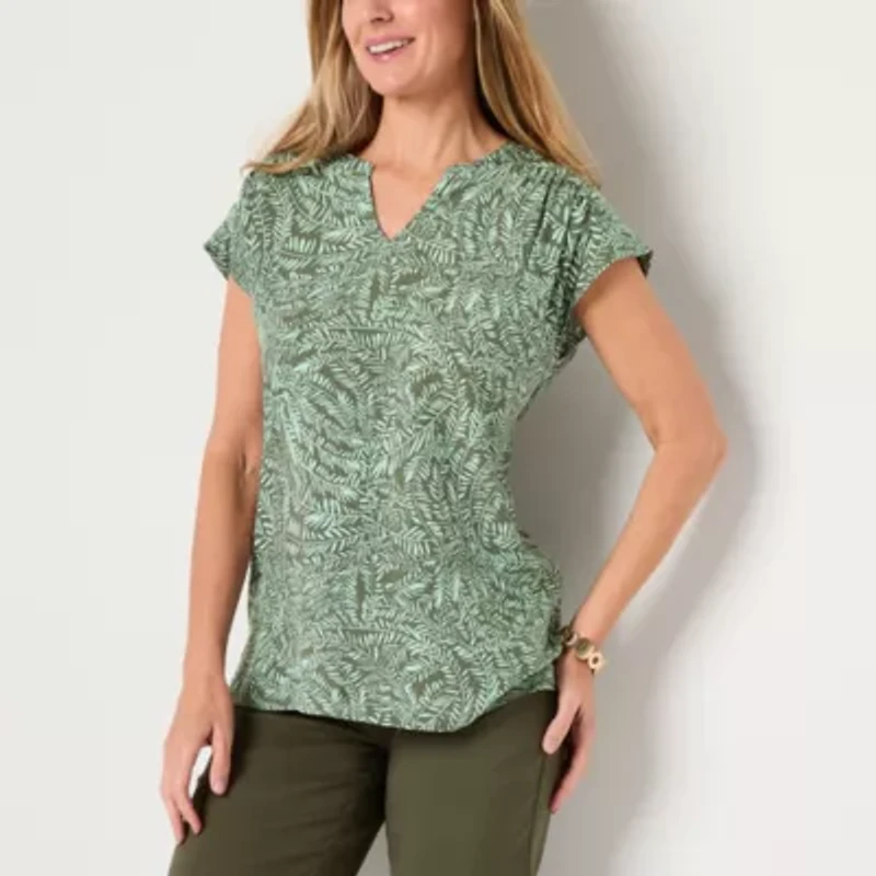 Liz Claiborne Womens Split Crew Neck Short Sleeve Tunic Top